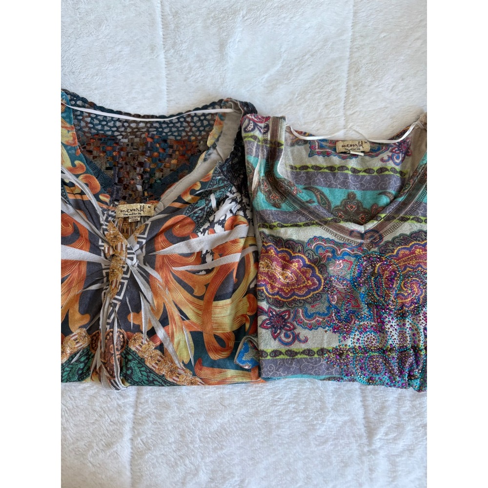 One World Womens Boho Top Bundle 2pc Paisley Rhinestone Crochet Lace Med